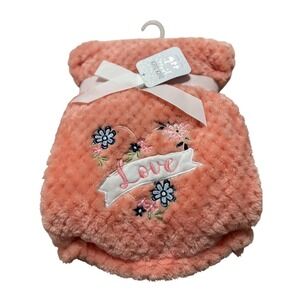 Duck Duck Goose Plush Baby Blanket Coral Pink Embroidered Love Floral 30x40 NWT